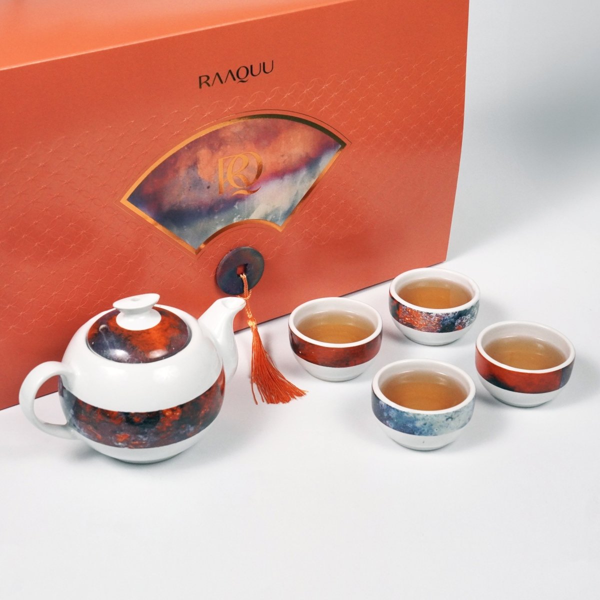 RAAQUU FX Chinese New Year Gift Set - Tea Set with 50g Premium Silver Needle White Tea - 4 Cups & Teapot set - Limited edition of 500 units Unique Handmade ceramic pottery raku vases, urns, and home decor, sculptures, wall decor, gifts by Adil Ghani