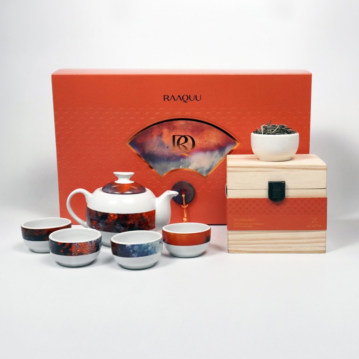 RAAQUU FX Chinese New Year Gift Set - Tea Set with 50g Premium Silver Needle White Tea - 4 Cups & Teapot set - Limited edition of 500 units Unique Handmade ceramic pottery raku vases, urns, and home decor, sculptures, wall decor, gifts by Adil Ghani