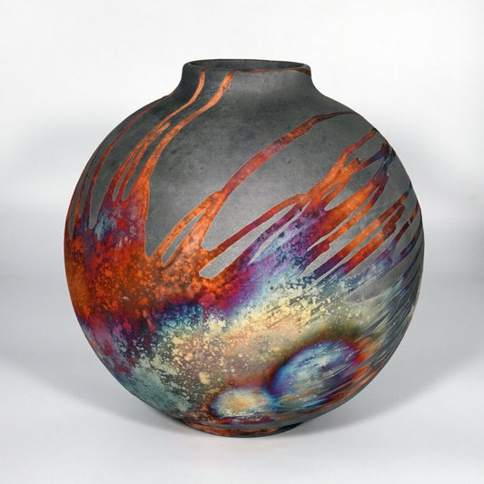 RAAQUU Large Globe Ceramic Vase Carbon Copper S/N0000757 11" Raku Pottery - RAAQUU