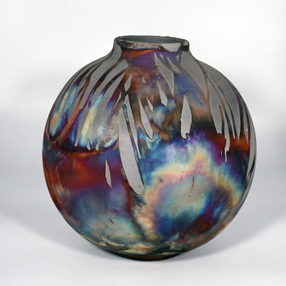 RAAQUU Large Globe Ceramic Vase Carbon Copper S/N0000760 11" Raku Pottery - RAAQUU