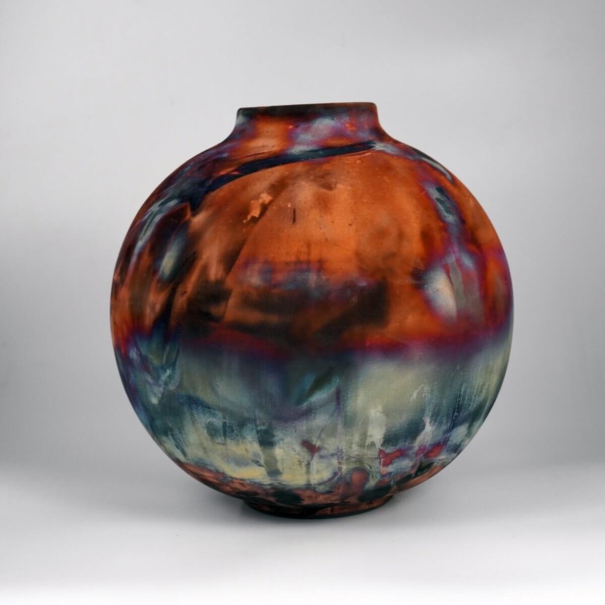 RAAQUU Large Globe Ceramic Vase Carbon Copper S/N0000793 11" Raku Pottery