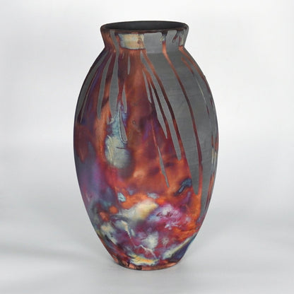 RAAQUU Large Oval Ceramic Vase Carbon Copper S/N0000204 13.5" Raku Pottery - RAAQUU