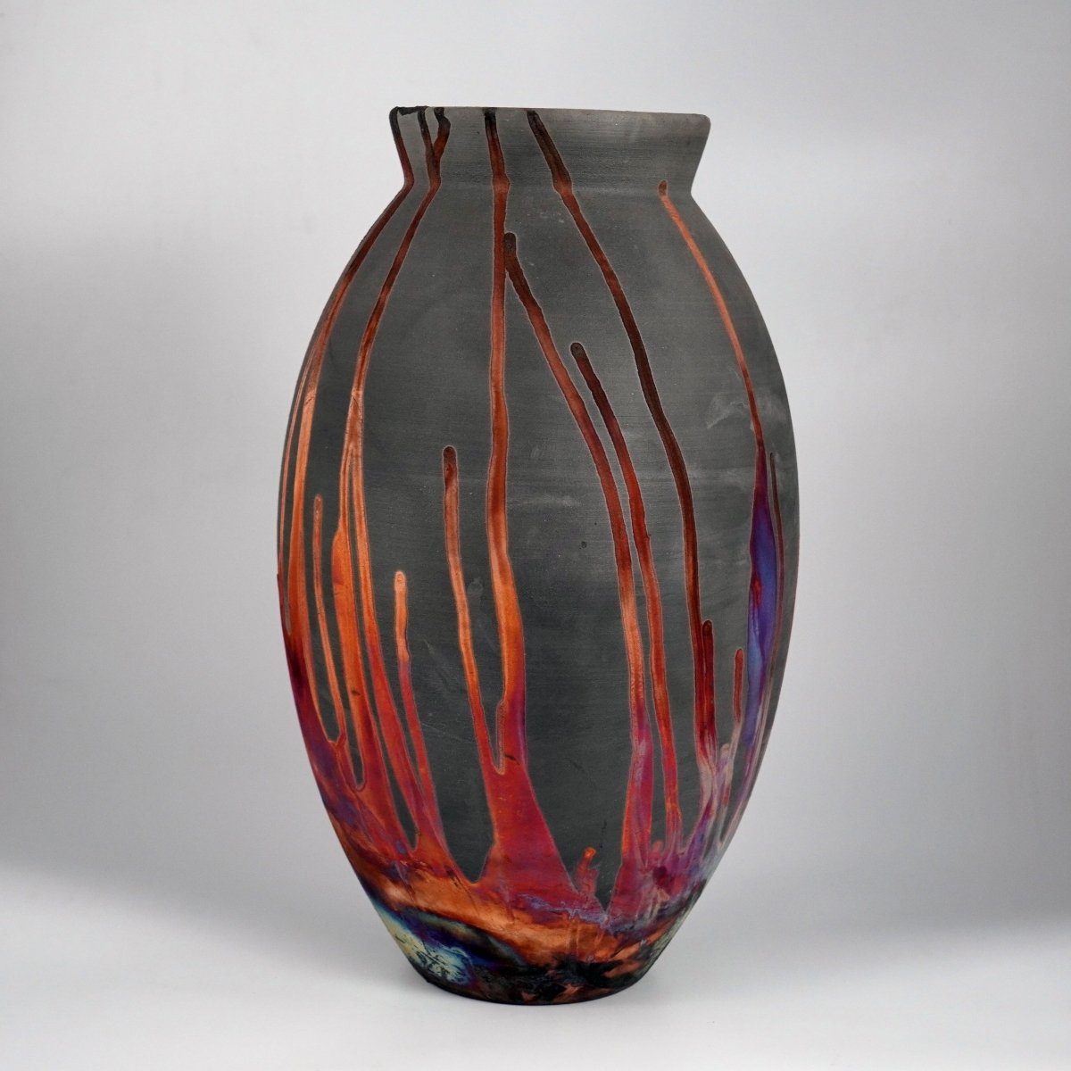 RAAQUU Large Oval Ceramic Vase Carbon Copper S/N0000205 13.5" Raku Pottery - RAAQUU