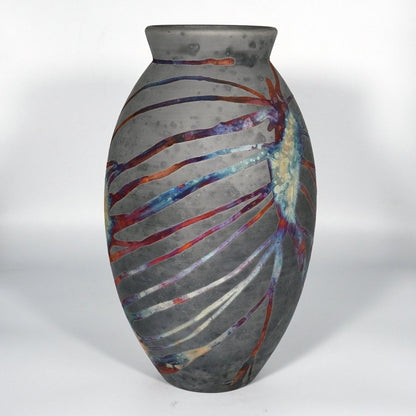 RAAQUU Large Oval Ceramic Vase Carbon Copper S/N0000826 13.5" Raku Pottery - RAAQUU