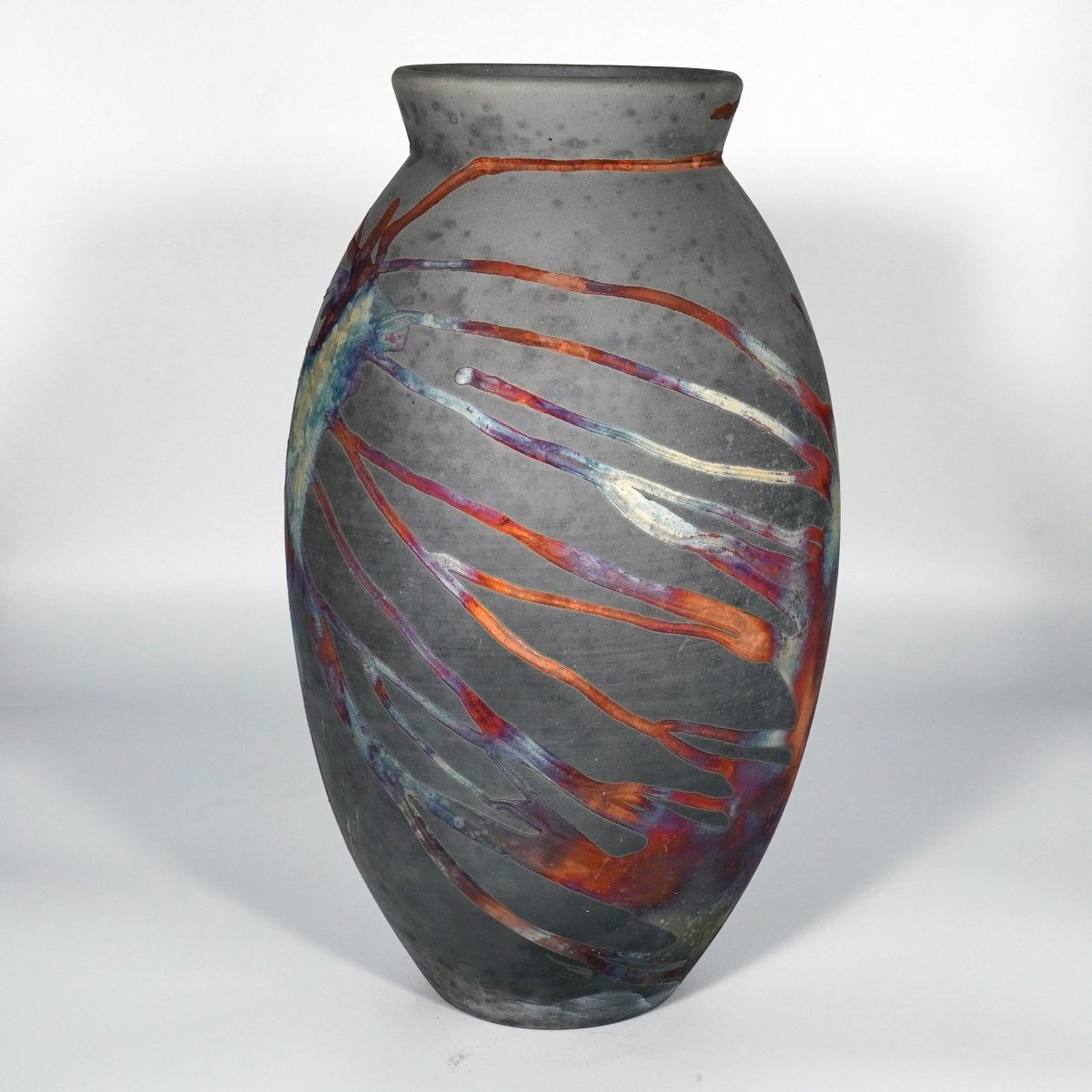 RAAQUU Large Oval Ceramic Vase Carbon Copper S/N0000826 13.5" Raku Pottery - RAAQUU