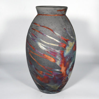 RAAQUU Large Oval Ceramic Vase Carbon Copper S/N0000826 13.5" Raku Pottery - RAAQUU