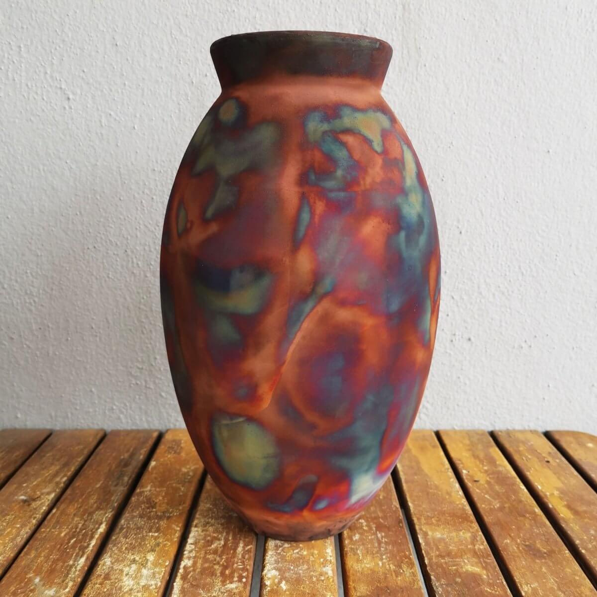 RAAQUU Large Oval Ceramic Vase Full Copper Matte S/N0000505 13.5" Raku Pottery