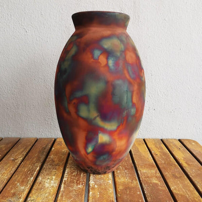 RAAQUU Large Oval Ceramic Vase Full Copper Matte S/N0000505 13.5" Raku Pottery