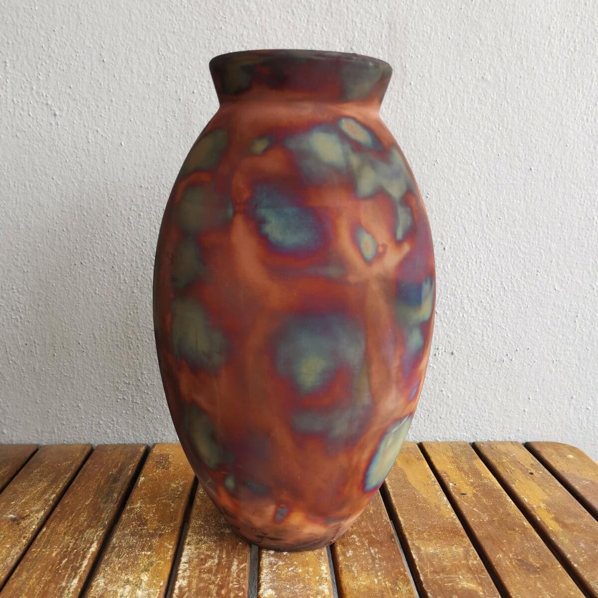 RAAQUU Large Oval Ceramic Vase Full Copper Matte S/N0000505 13.5" Raku Pottery