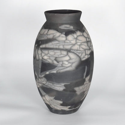 RAAQUU Large Oval Ceramic Vase Smoked Raku S/N0000195 13.5" Raku Pottery - RAAQUU