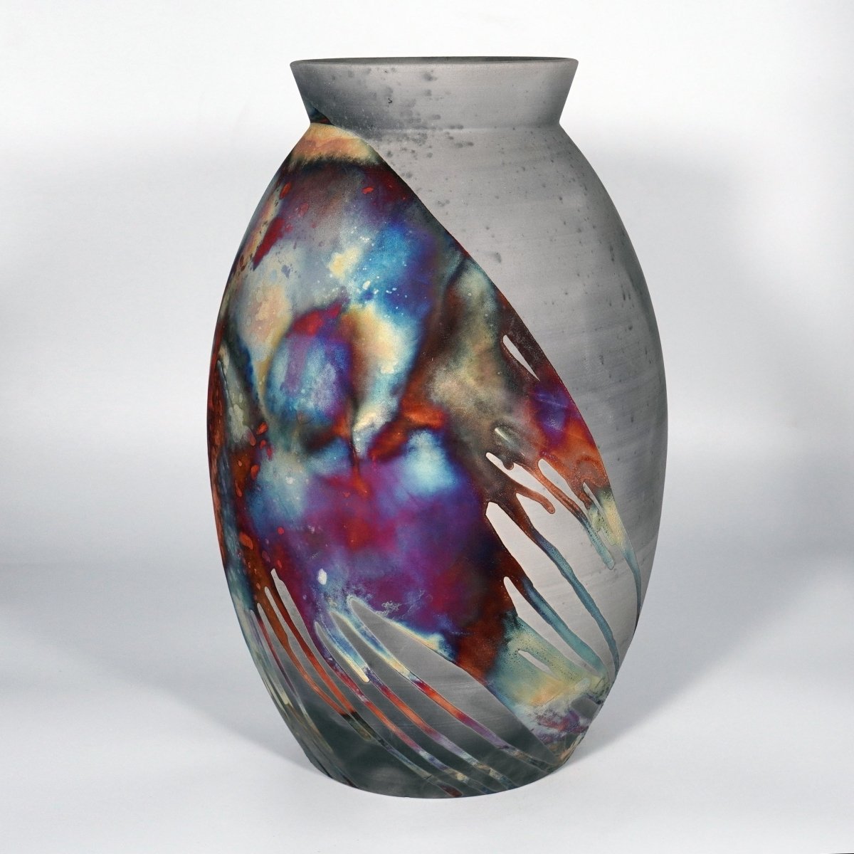 RAAQUU Large Oval XL Ceramic Vase Carbon Copper S/N0000837 14" Raku Pottery - RAAQUU