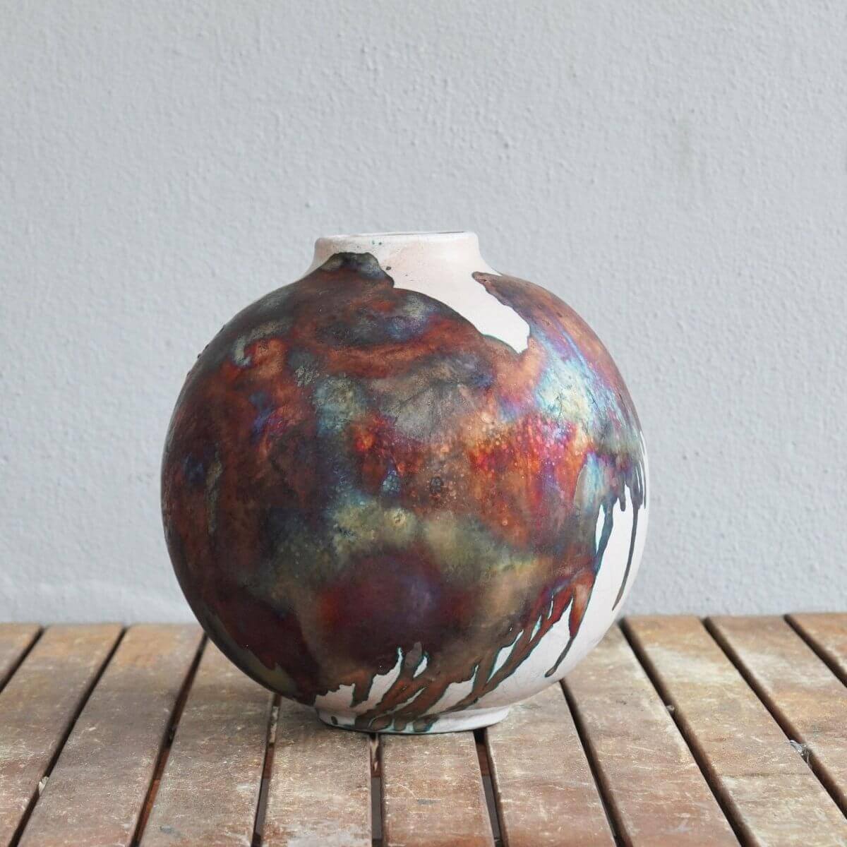 Large angular decorative raku vase with striped newest gold luster