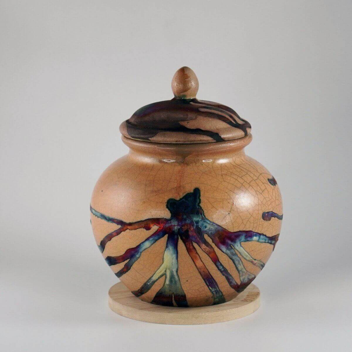 Handmade raku fired vessel. oimcsnse holder and burner copper offers matte and copper leaf M674